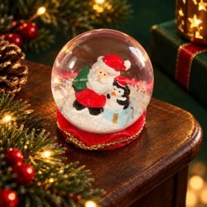 LED Christmas Snow Globe – Santa & Penguin Decoration with Red and Gold Base