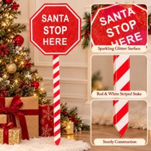 Santa Stop Here Christmas Sign – Red Glitter Candy Cane Stake Decoration