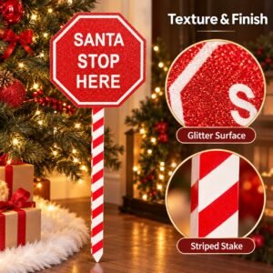 Santa Stop Here Christmas Sign – Red Glitter Candy Cane Stake Decoration