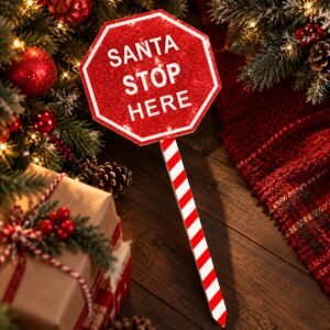 Santa Stop Here Christmas Sign – Red Glitter Candy Cane Stake Decoration