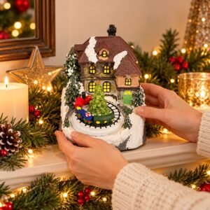 Christmas Train & Tree Village Scene – Snowy Cottage Tabletop Decoration