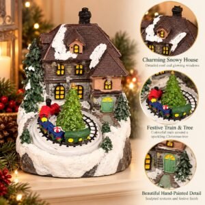 Christmas Train & Tree Village Scene – Snowy Cottage Tabletop Decoration