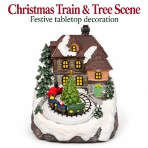 Christmas Train & Tree Village Scene – Snowy Cottage Tabletop Decoration