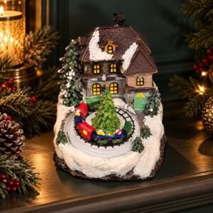Christmas Train & Tree Village Scene – Snowy Cottage Tabletop Decoration