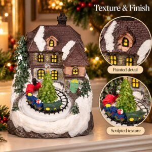 Christmas Train & Tree Village Scene – Snowy Cottage Tabletop Decoration