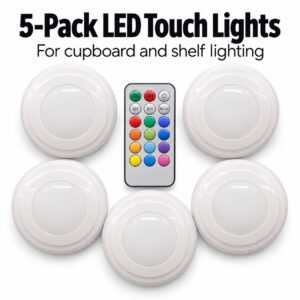5-Pack Colour Changing LED Touch Lights with Remote Control for Cupboards, Shelves & Wardrobes