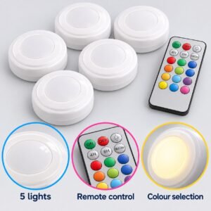 5-Pack Colour Changing LED Touch Lights with Remote Control for Cupboards, Shelves & Wardrobes