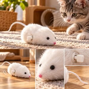 White Wind-Up Mouse Cat Toy – Fluffy Moving Toy for Interactive Chase & Pounce Play