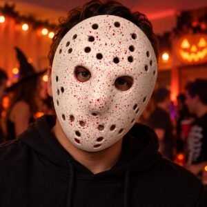 Blood-Splatter Horror Hockey Mask – Cream & Red Halloween Fancy Dress Costume Accessory