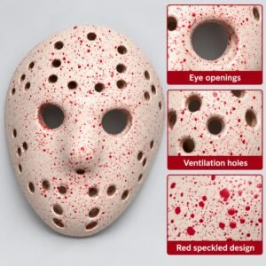 Blood-Splatter Horror Hockey Mask – Cream & Red Halloween Fancy Dress Costume Accessory