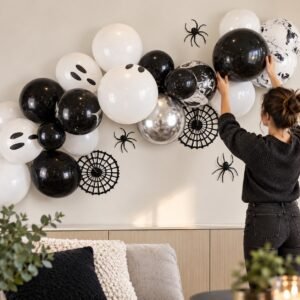 Halloween Balloon Garland Kit – Black, White & Silver Ghost-Themed Party Backdrop