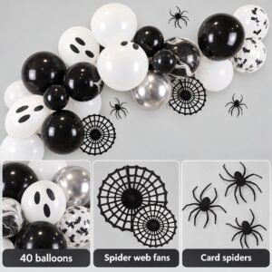 Halloween Balloon Garland Kit – Black, White & Silver Ghost-Themed Party Backdrop