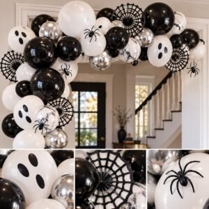 Halloween Balloon Garland Kit – Black, White & Silver Ghost-Themed Party Backdrop