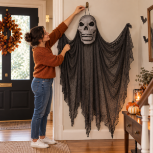Black Floating Ghoul – Skull Face Hanging Halloween Decoration